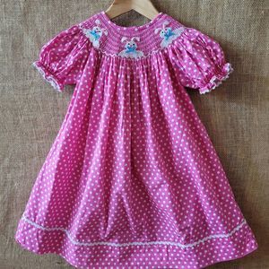 BAREFOOT Bubblegum Pink Polkadot Smocked Bunny Dress 2T